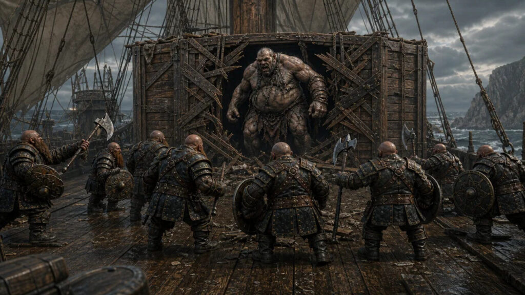Oan ogre emerged from the smashed crate.